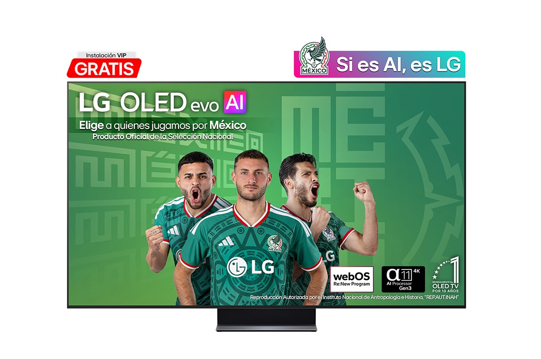 La vista frontal de la LG OLED evo AI C6, lanzada en 2026, presenta un bisel negro delgado, con un vívido y esculpido remolino de tonos arcoíris en capas que fluyen por la pantalla.